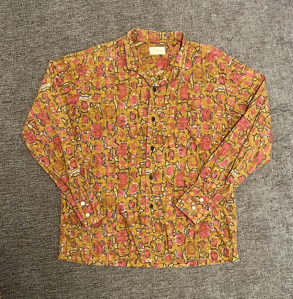 VTG 1950’s Ross Sutherland Made Hawaii Poly LONG SLEEVE SHIRT XL Brown/Pink