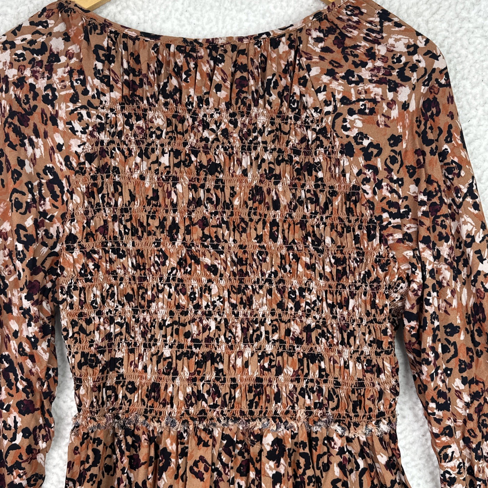 BeachLunchLounge Smocked Mini Dress M Brown Boho Tiered Viscose Long Sleeve