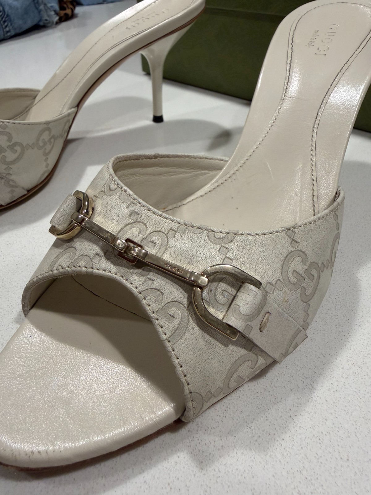 Gucci Guccissima GG Monogram Horsebit Slide Heels, Authentic, Size 37 1/2