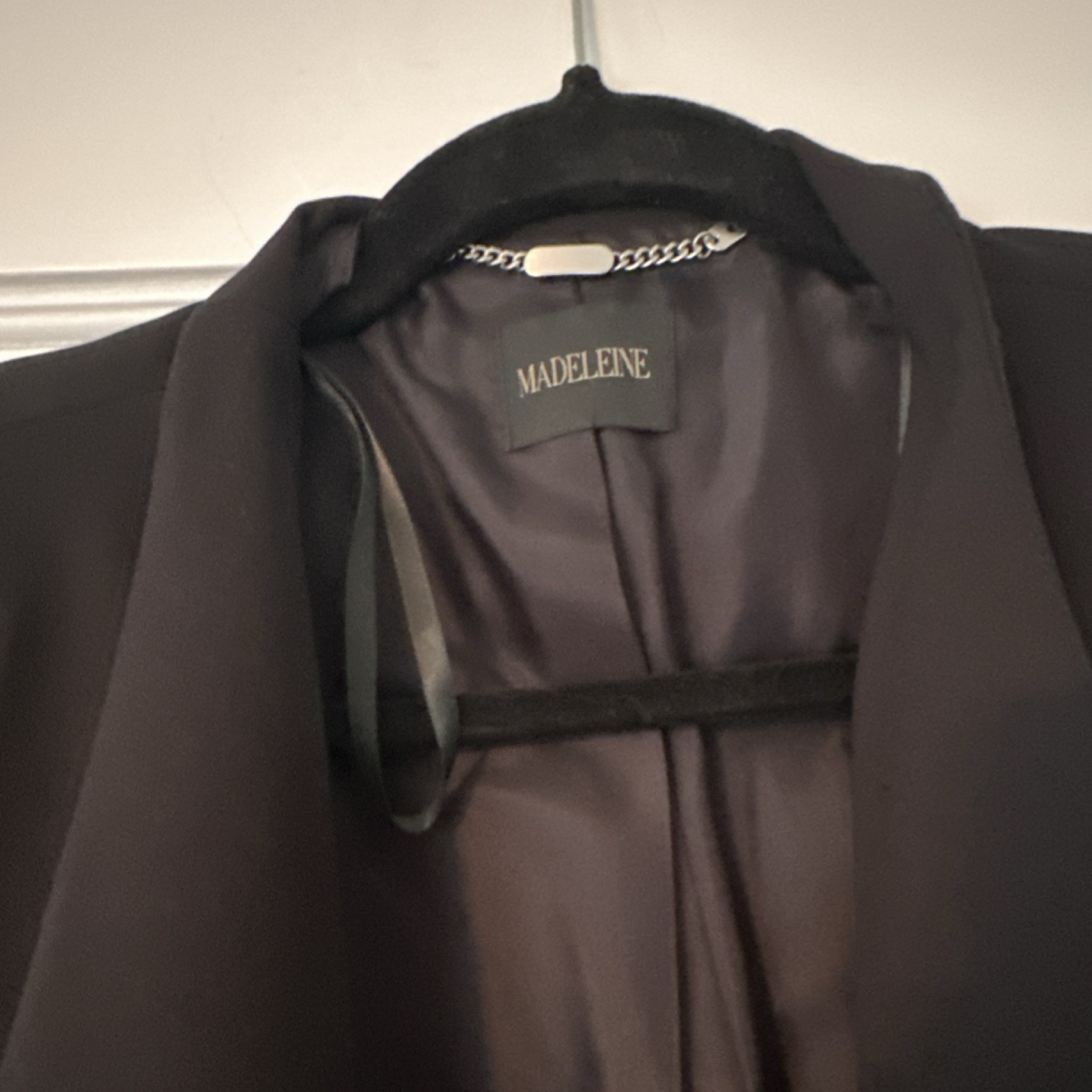 MADELEINE Women’s Black Draped Open Front Long Lined Blazer Jacket