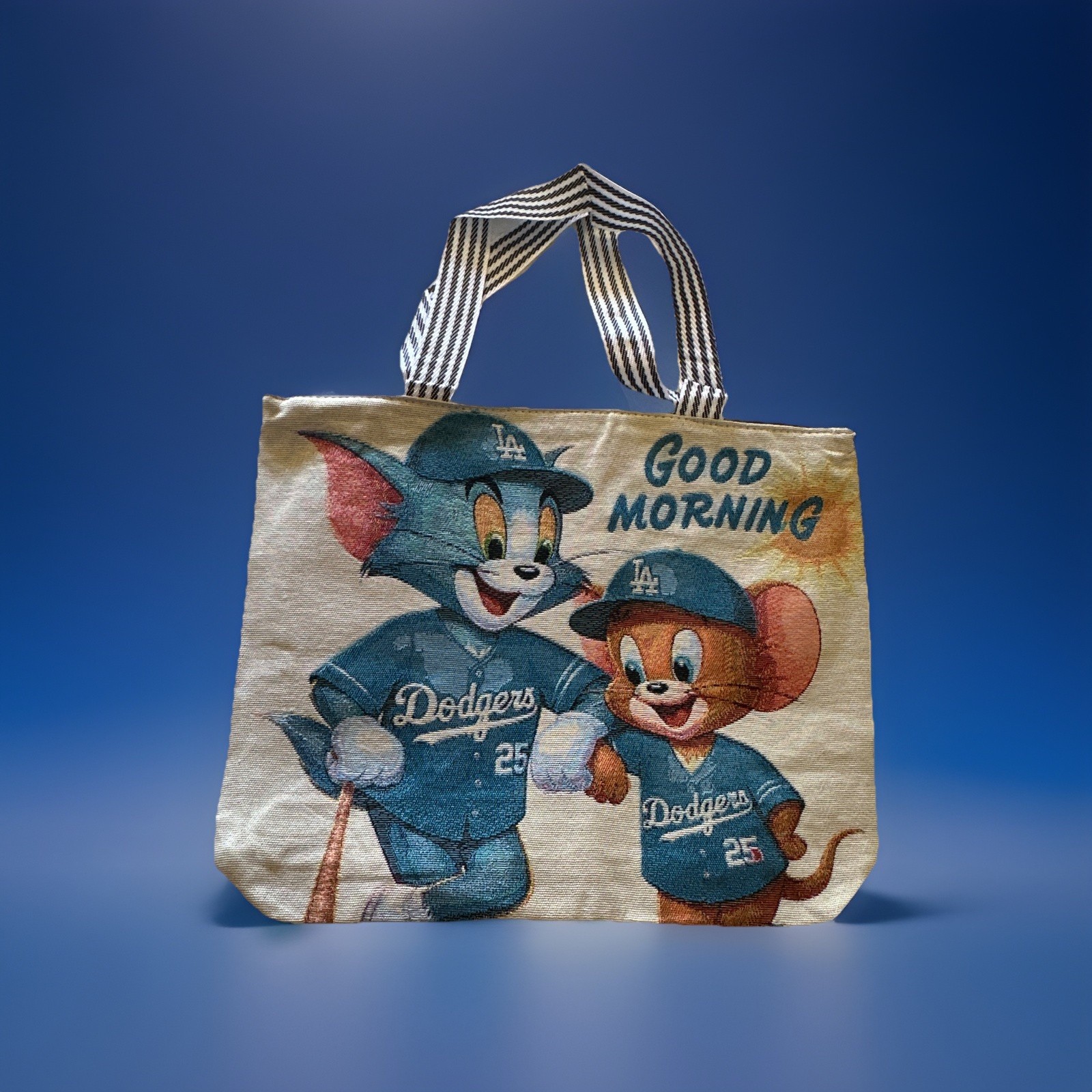 Los Angeles Dodgers Tom & Jerry “Good Morning” Beige Tote Bag Striped Handles