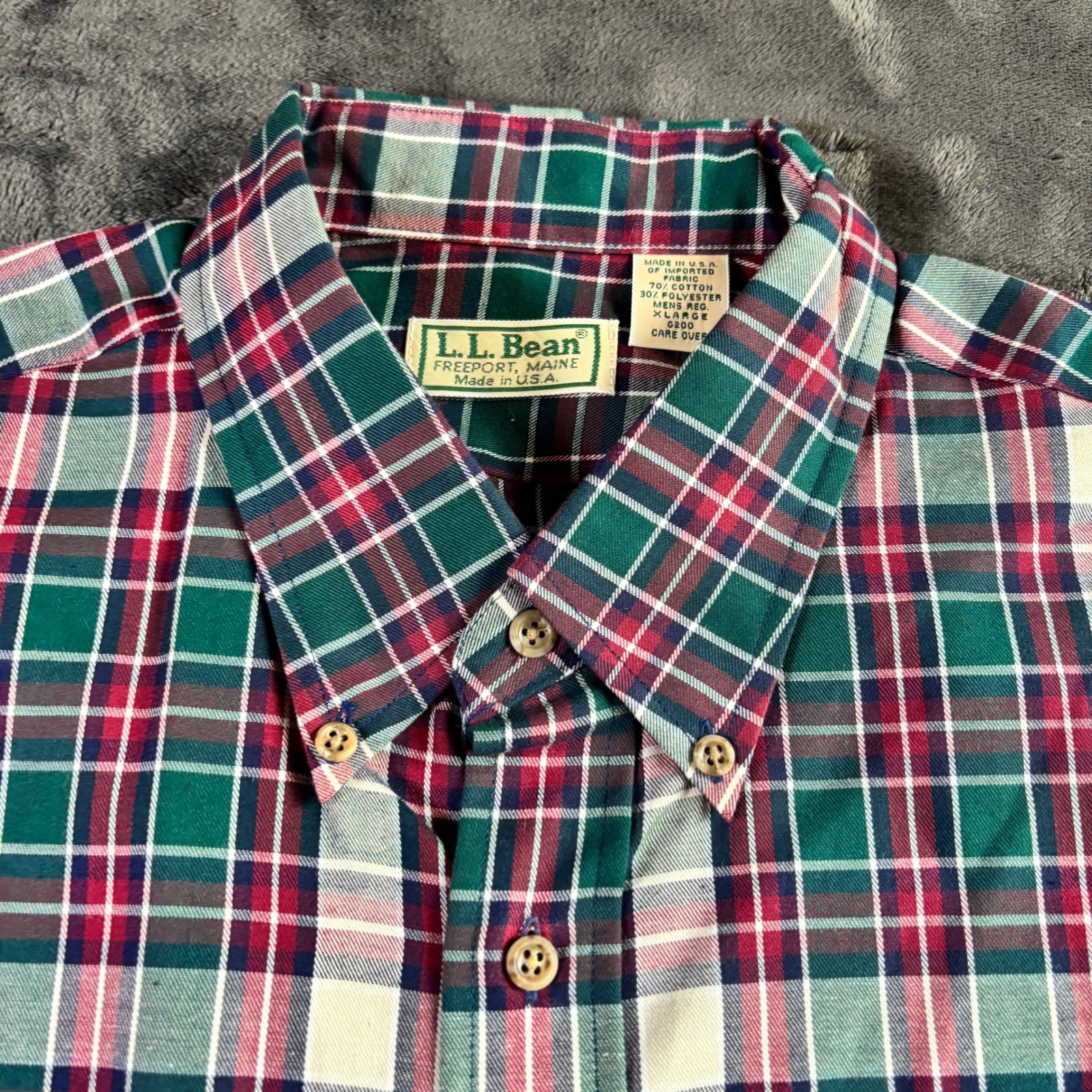 LL Bean Mens XL Plaid Button Down Shirt Green Burgundy Made in USA Vintage G200