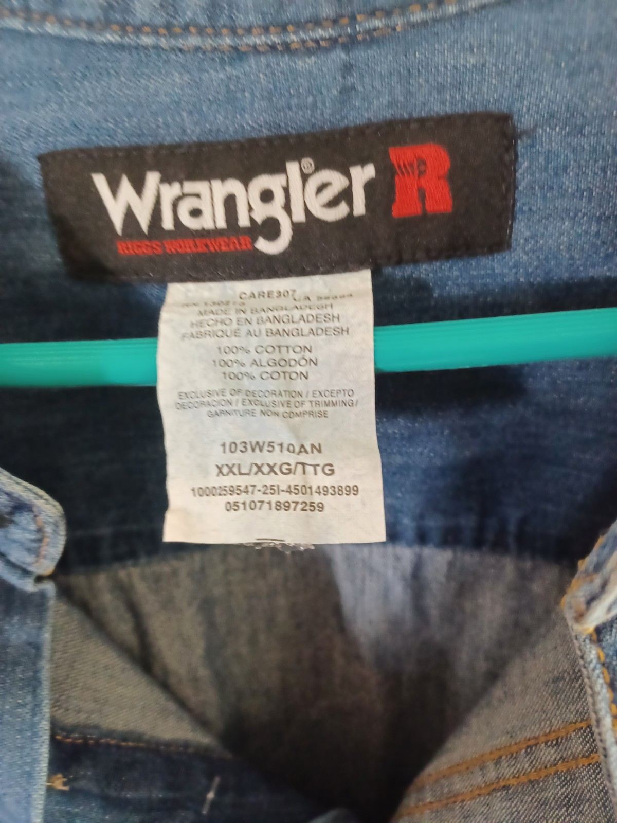 Wrangler RIGGS Workwear Room2Move Blue Denim Long Sleeve Button-Down Shirt 2XL