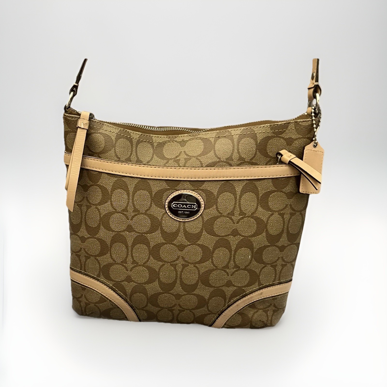 NEW Authentic Coach Heritage Peyton Signature Bag in Khaki/Ivory