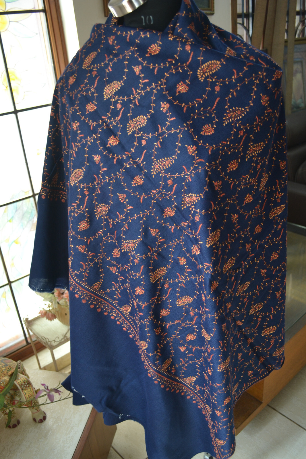 Dark blue MICRO JAAL KASHMIRI EMBROIDERY SHAWL ~ 100% CASHMERE PASHMINA