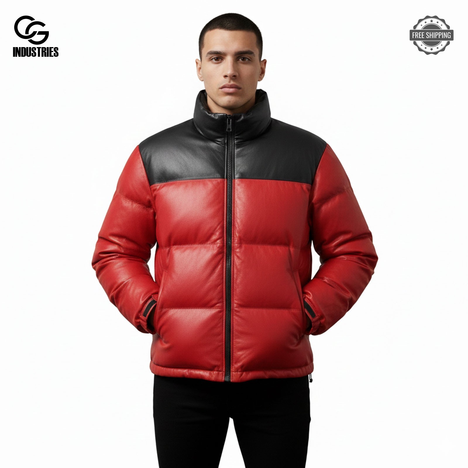 Men’s Genuine Sheepskin Leather Puffer Jacket Red/Black Winter Warm Coat All Siz