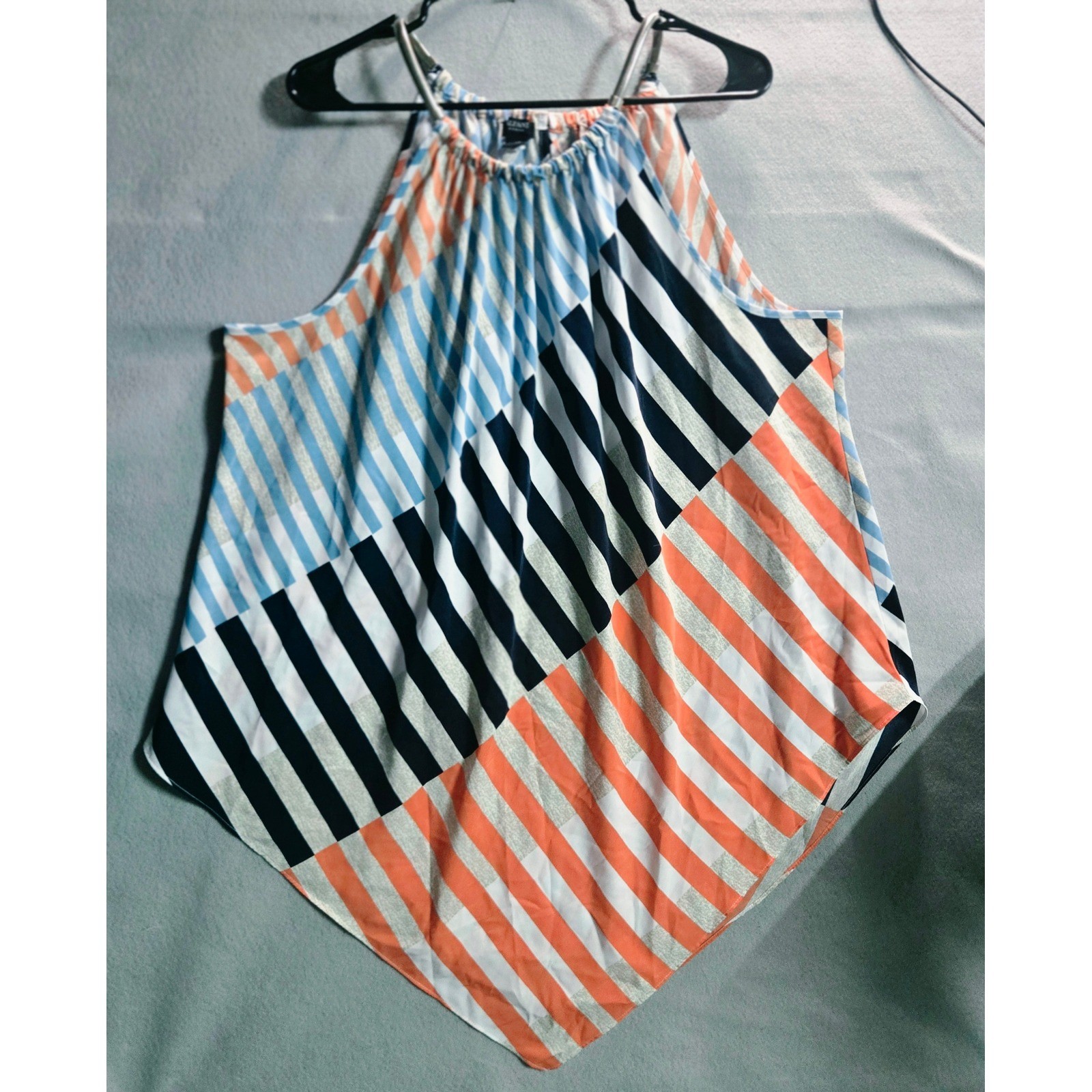 Alfani Woman 3X Halter Top Geometric Striped Handkerchief Hem Blouse Orange Blue