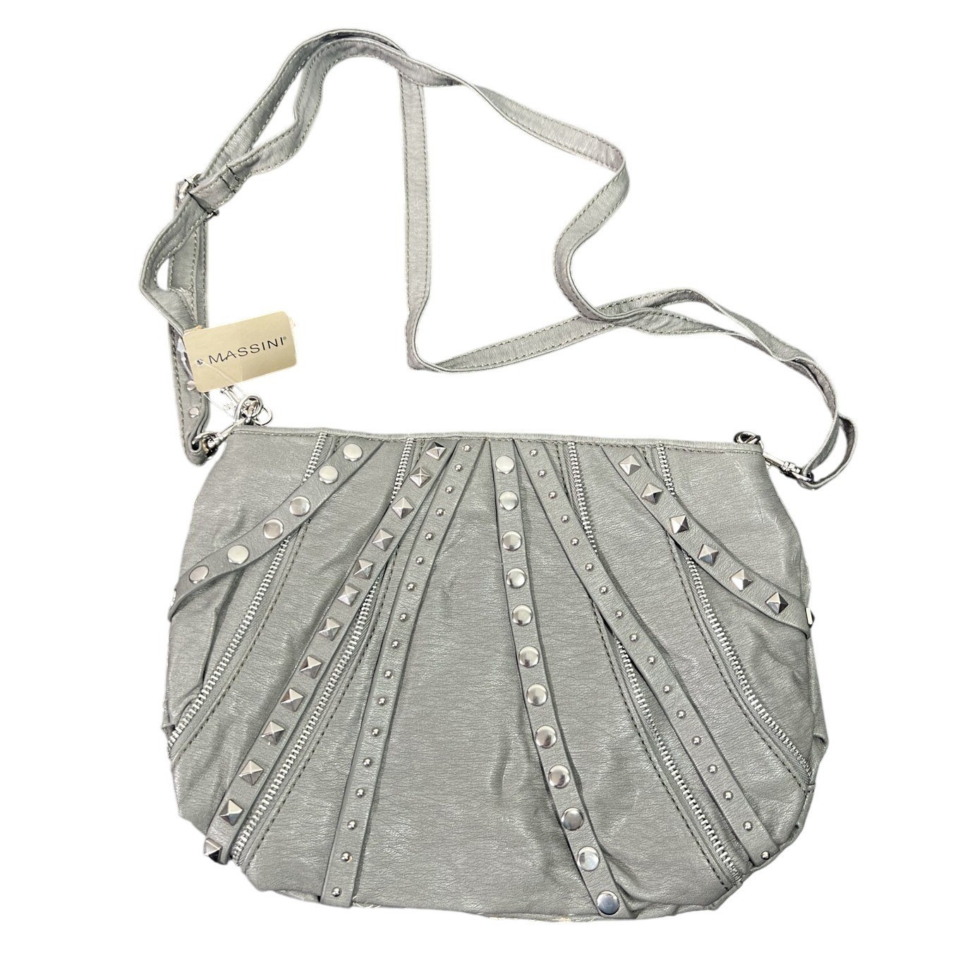 MASSINI Grey Faux Leather Studded Zipper Crossbody Shoulder Bag Handbag