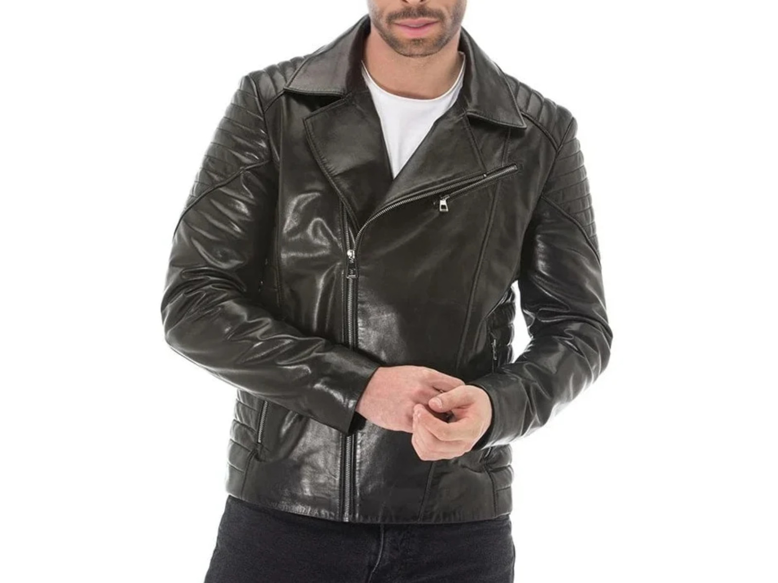 Men’s Black Sheepskin Leather Biker Jacket Moto Cafe Racer Motorcycle Coat