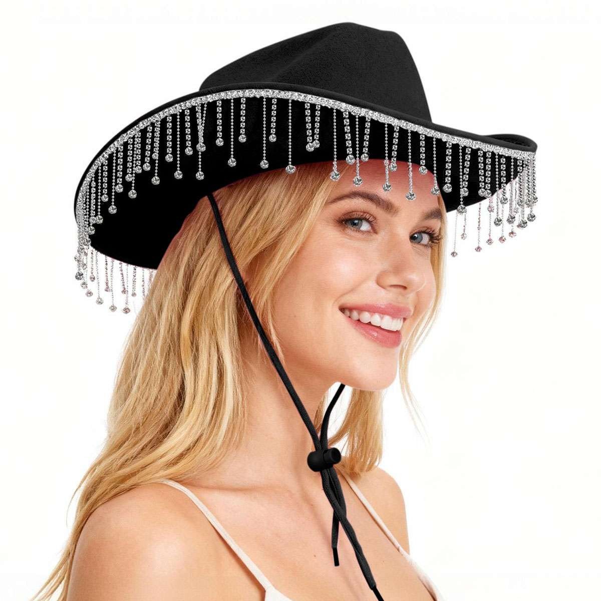 Women Western Glitter Rhinestone Tassel Decor Cowboy Hat Birthday Cowgirl Hat