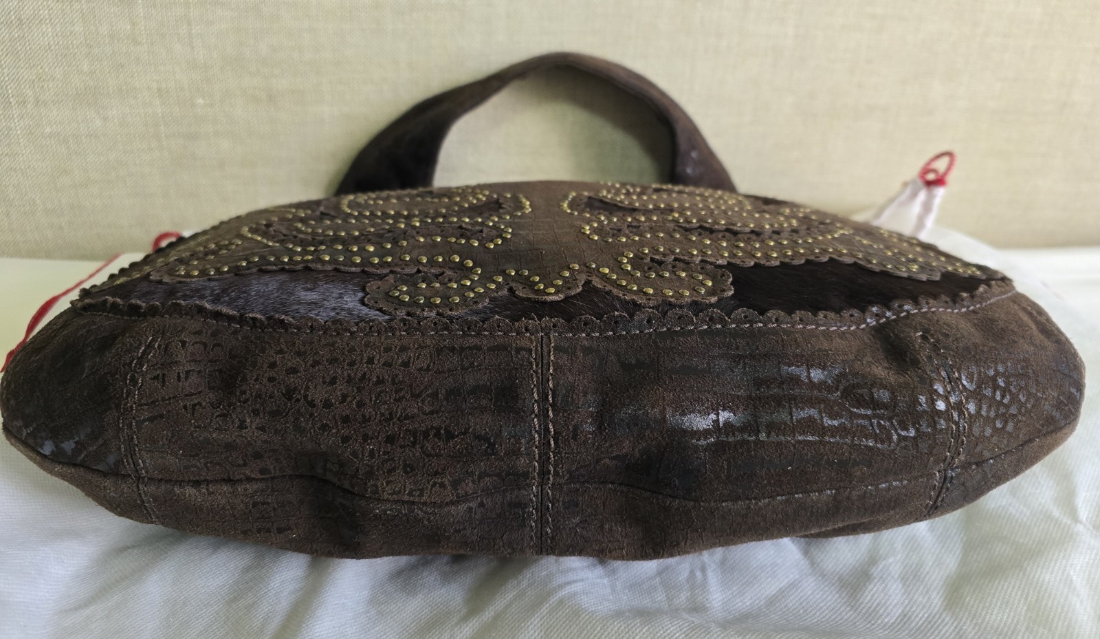Isabella Fiore NWT, Brown Leather/Calf Hair Studded Hobo Bag, Aldic Ging RARE