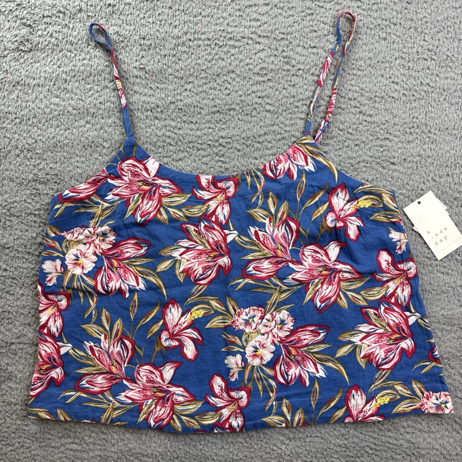 A New Day Tank Top Womens Large Blue Tropical Floral Scoop Neck Linen Blend Cami