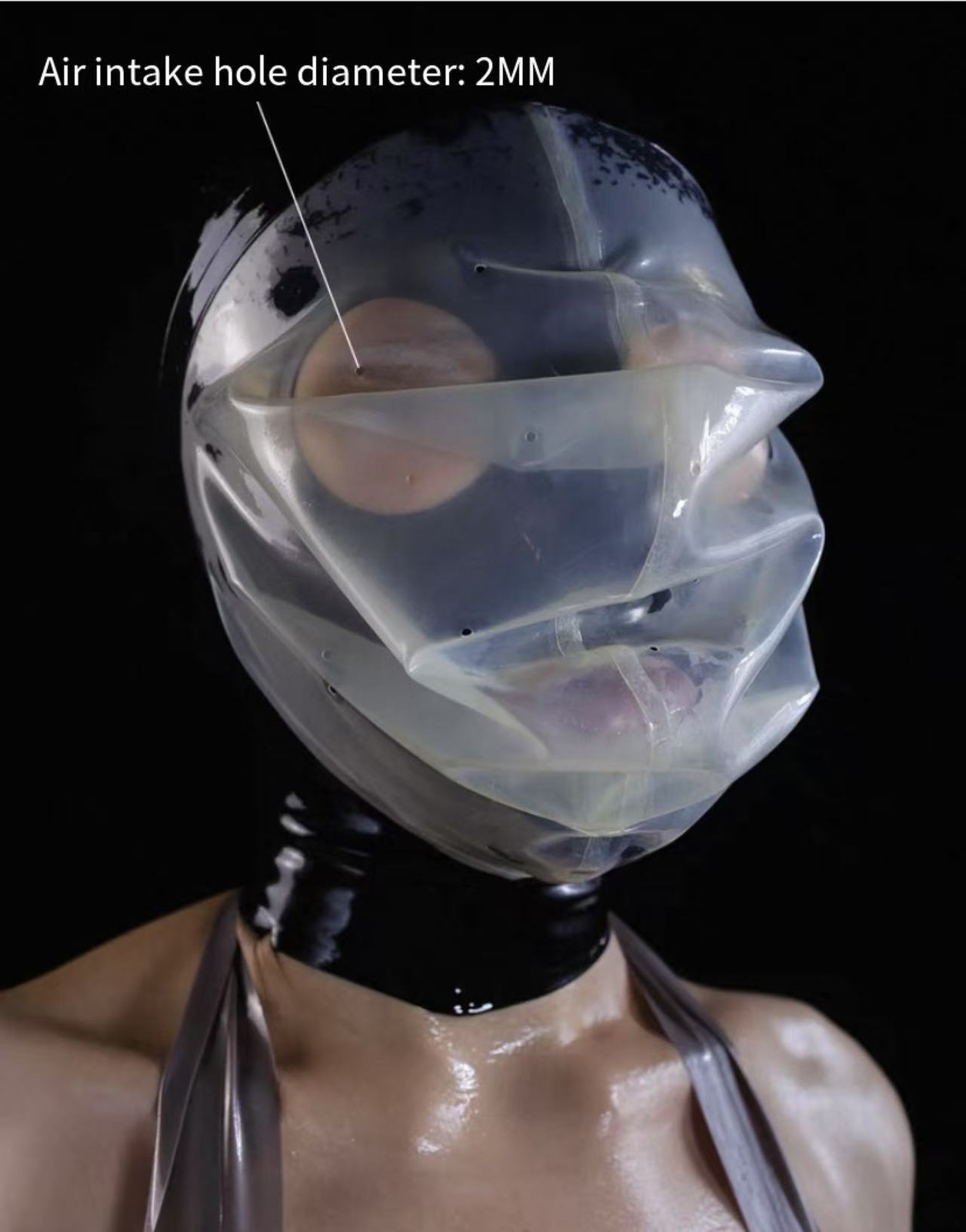 2-layer Latex hood with 0.25mm Transparent Rubber Mask breathing hole for Fetish