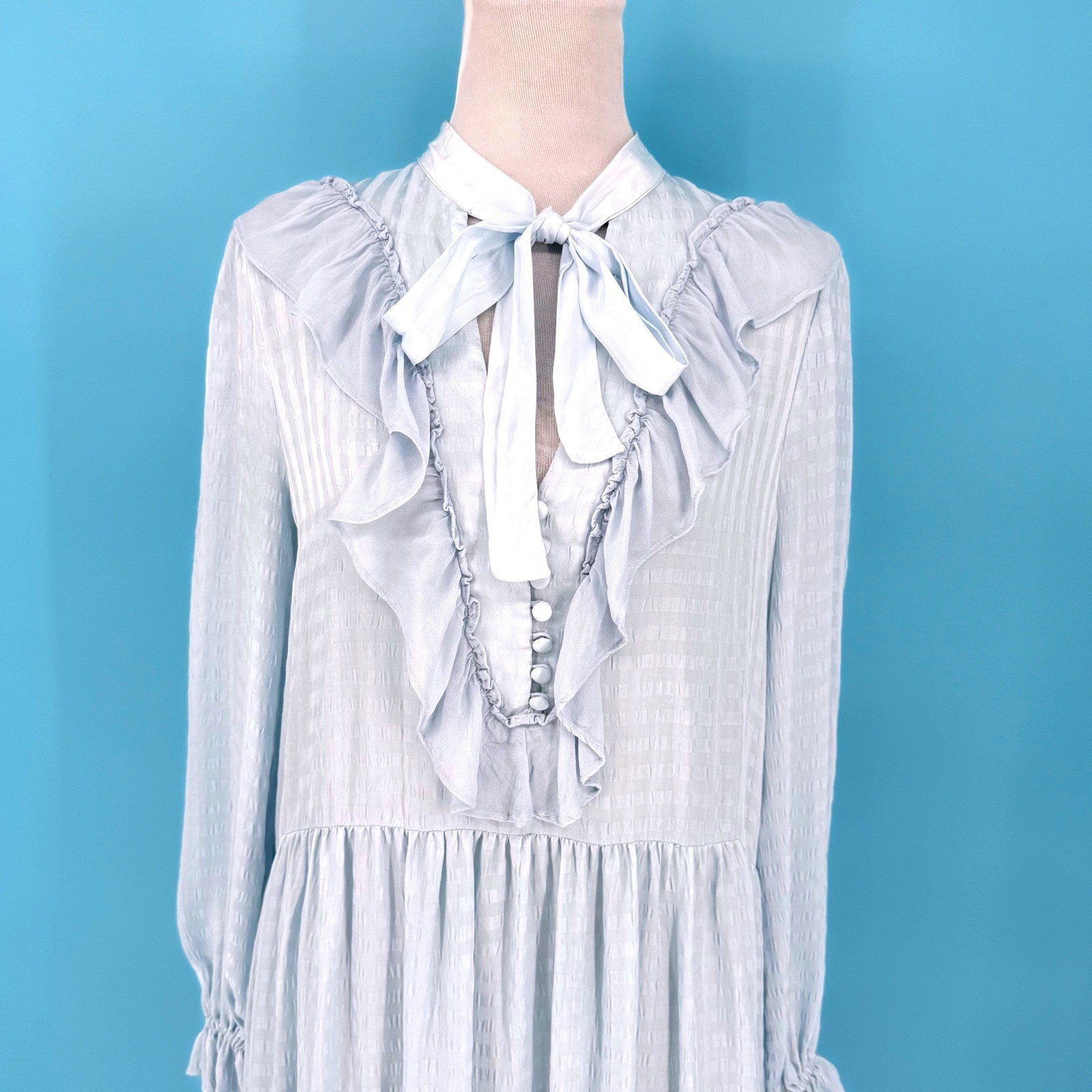 Anthropologie Light Blue Tiered Ruffle Midi Dress Long Sleeve Size M Cottagecore