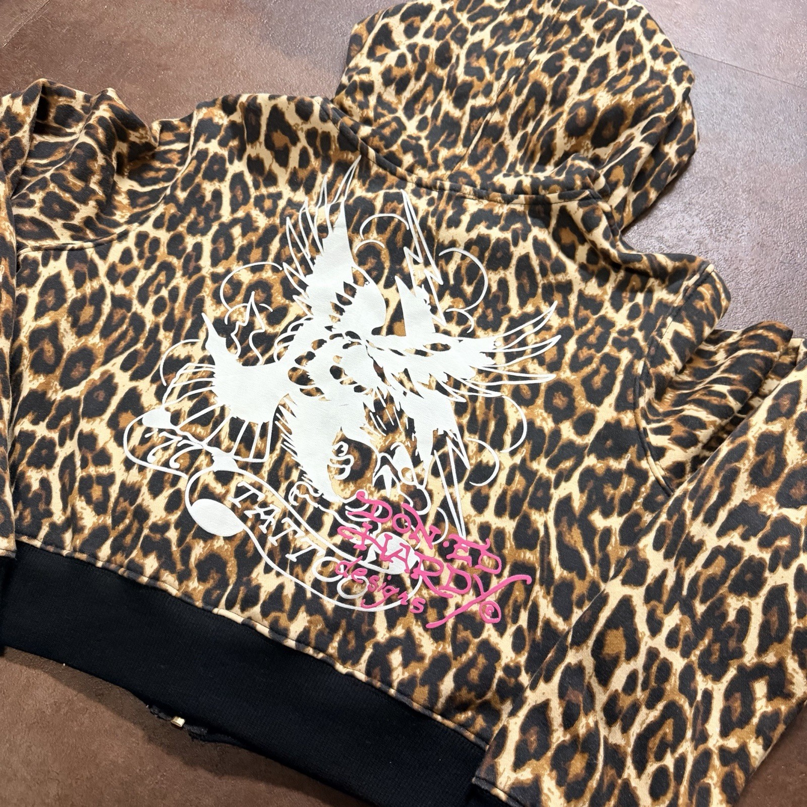 Ed Hardy Leopard Animal Print Zip Hoodie L Women Brown Black Fleece