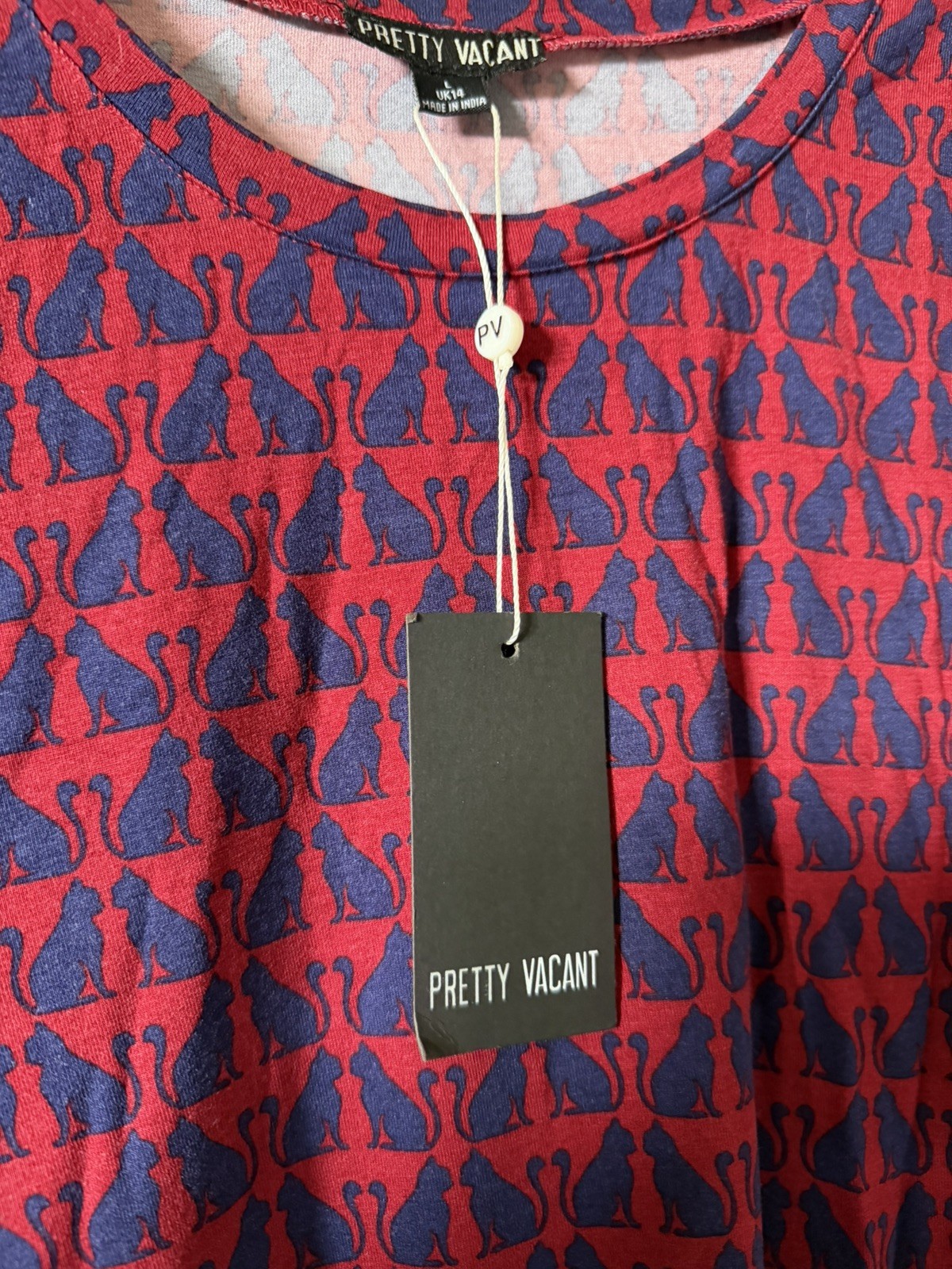 PRETTY VACANT Raspberry Navy Blue Art Deco Cat Print Long Sleeve Top UK14 BNWT