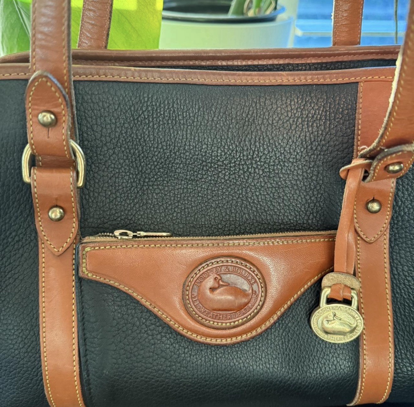 Dooney & Bourke Black/Brown Pebbled Shoulder Bag, Zip, Gold, Charm, Pockets