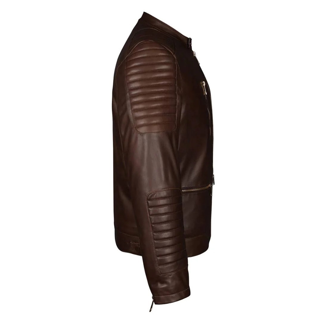 Men’s Genuine Brown Leather Biker Jacket Cafe Racer Motorcycle Quilted Coat