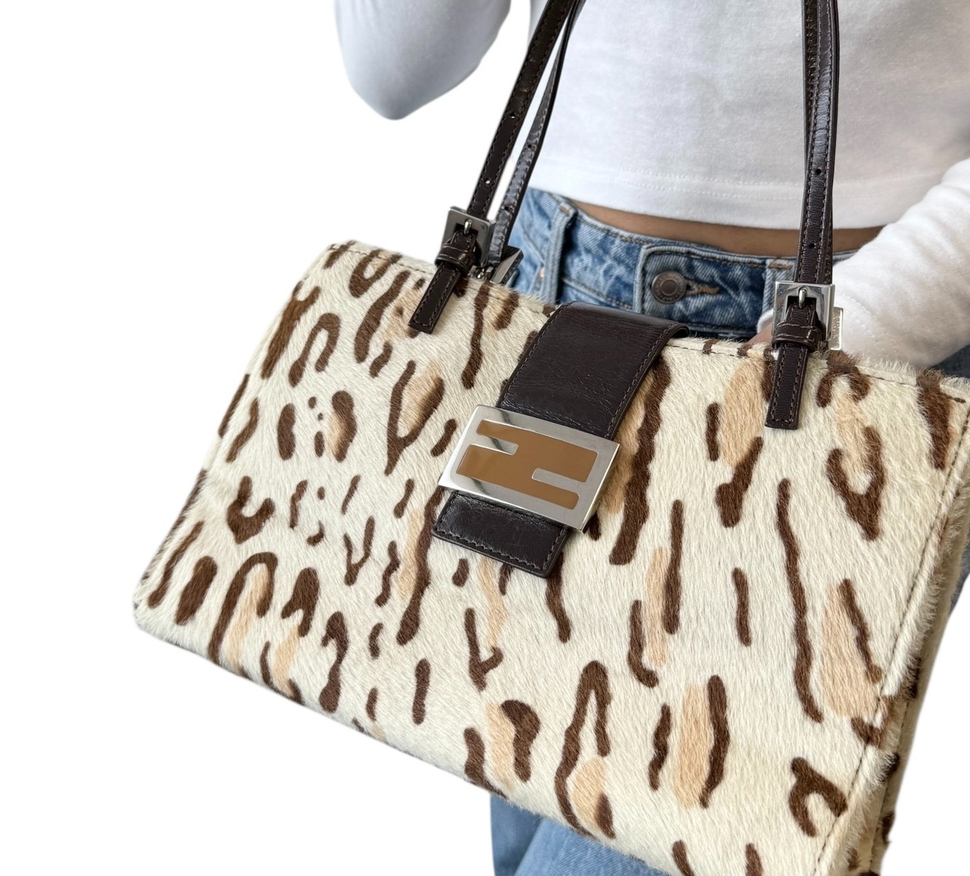 FENDI Vintage FF Logo Leopard Mamma Baguette Shoulder Bag Cream Brown Calf Hair