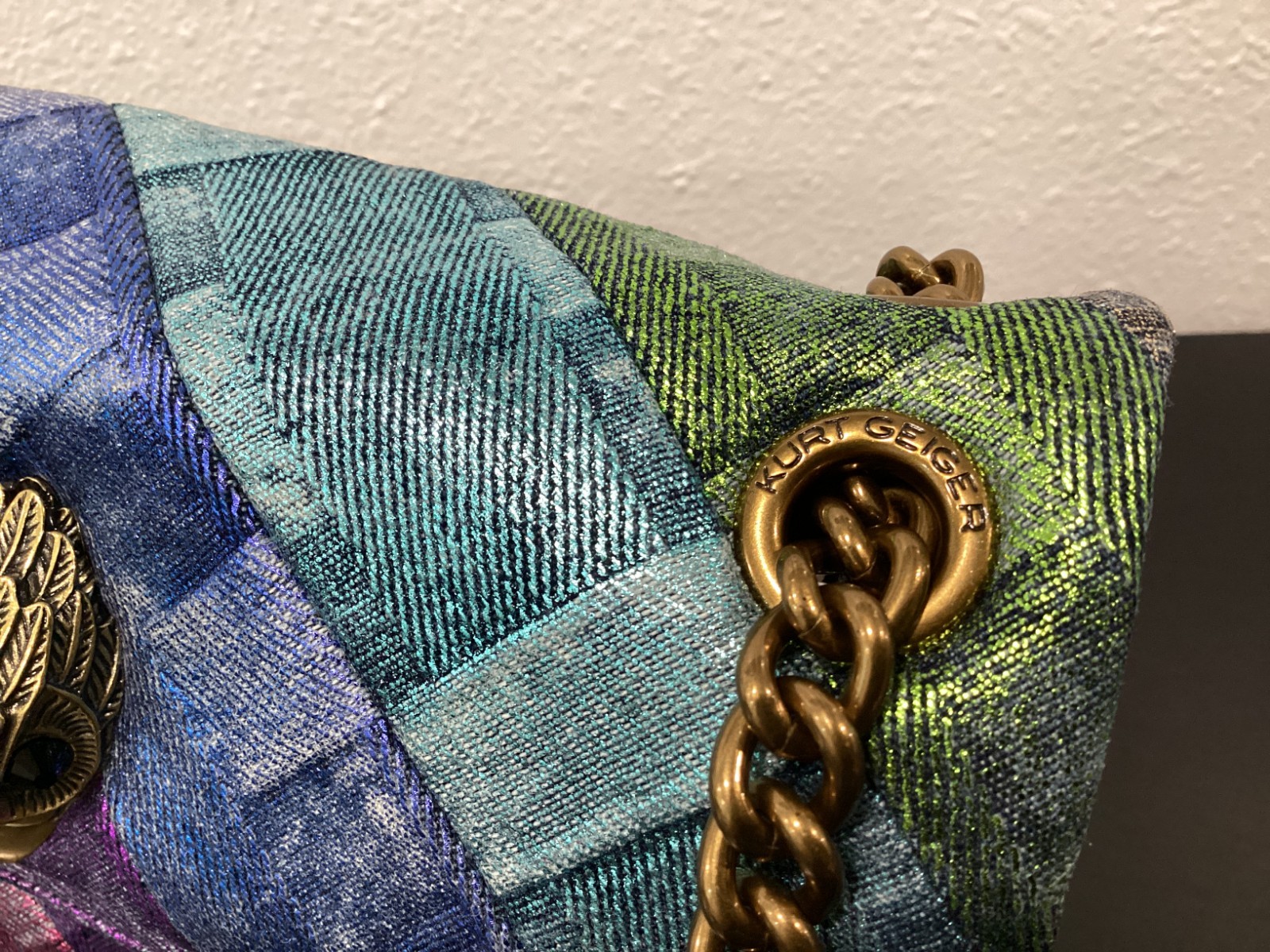 Kurt Geiger Mini Kensington 8″x5″x2.75″ Distressed Metallic Rainbow Denim Soft