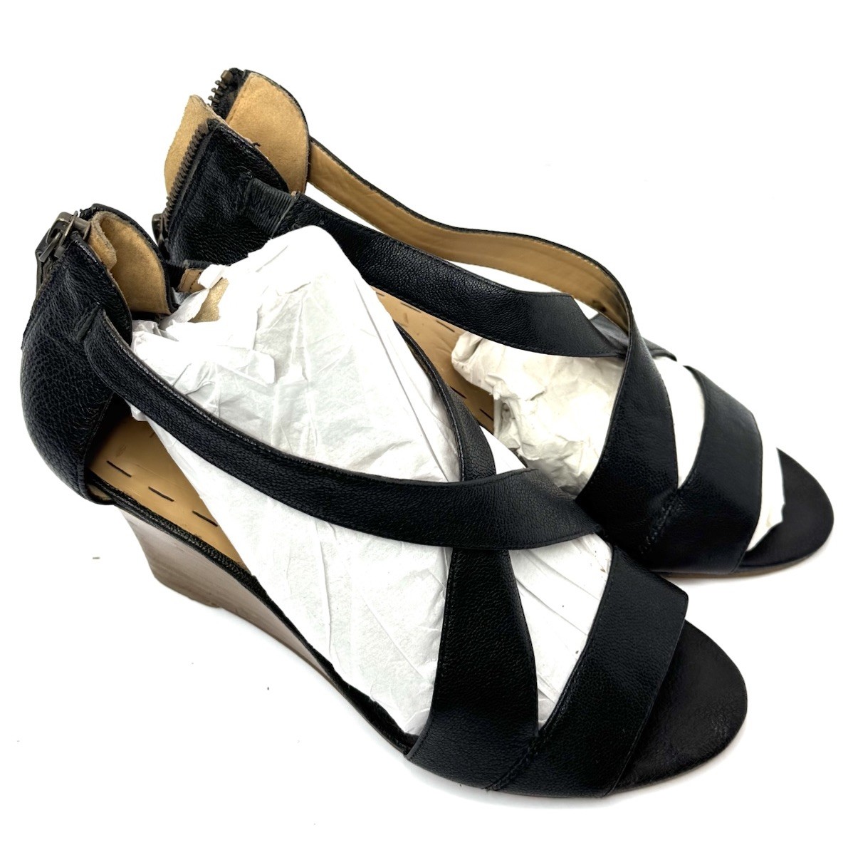 Nine West Women’s Black Leather Wedge Sandals Strappy Peep Toe Size 7M