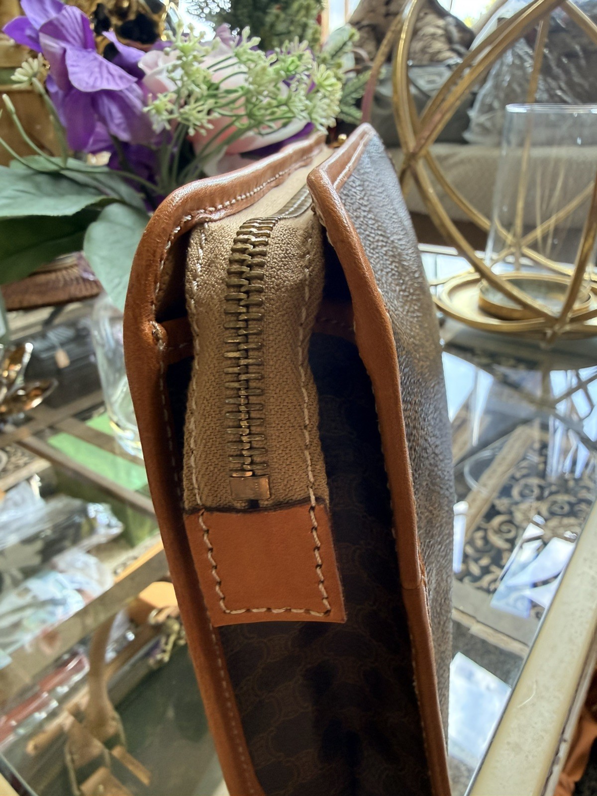 Vintage Celine Macadam Zip Clutch Brown Canvas Leather