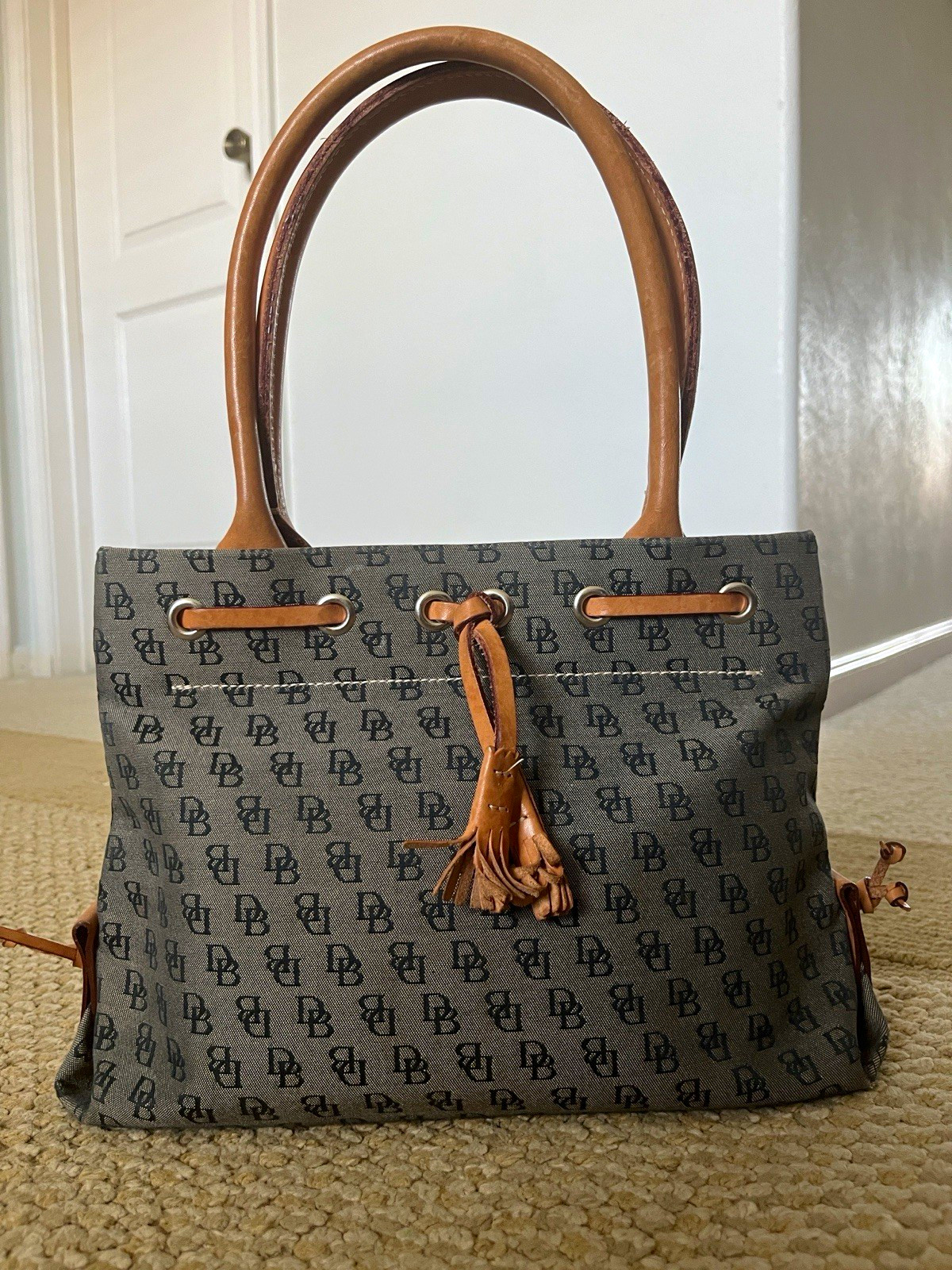 Dooney & Bourke Mini Tote, Gray Black Monogram, Tassel Charm, Lined Pockets