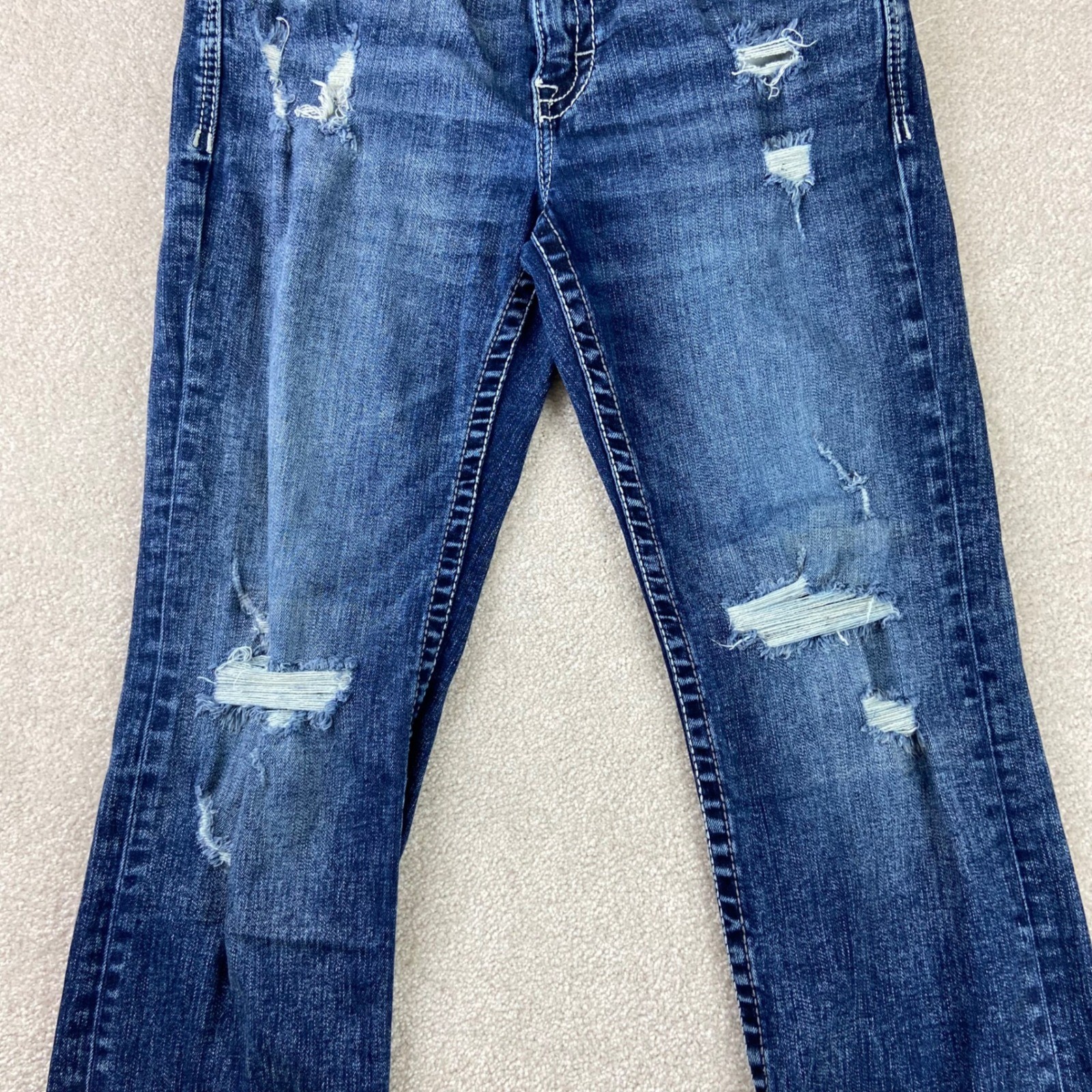 BKE Jake Jeans Mens 32×34 Blue Distressed Bootcut Dark Wash Stretch Denim