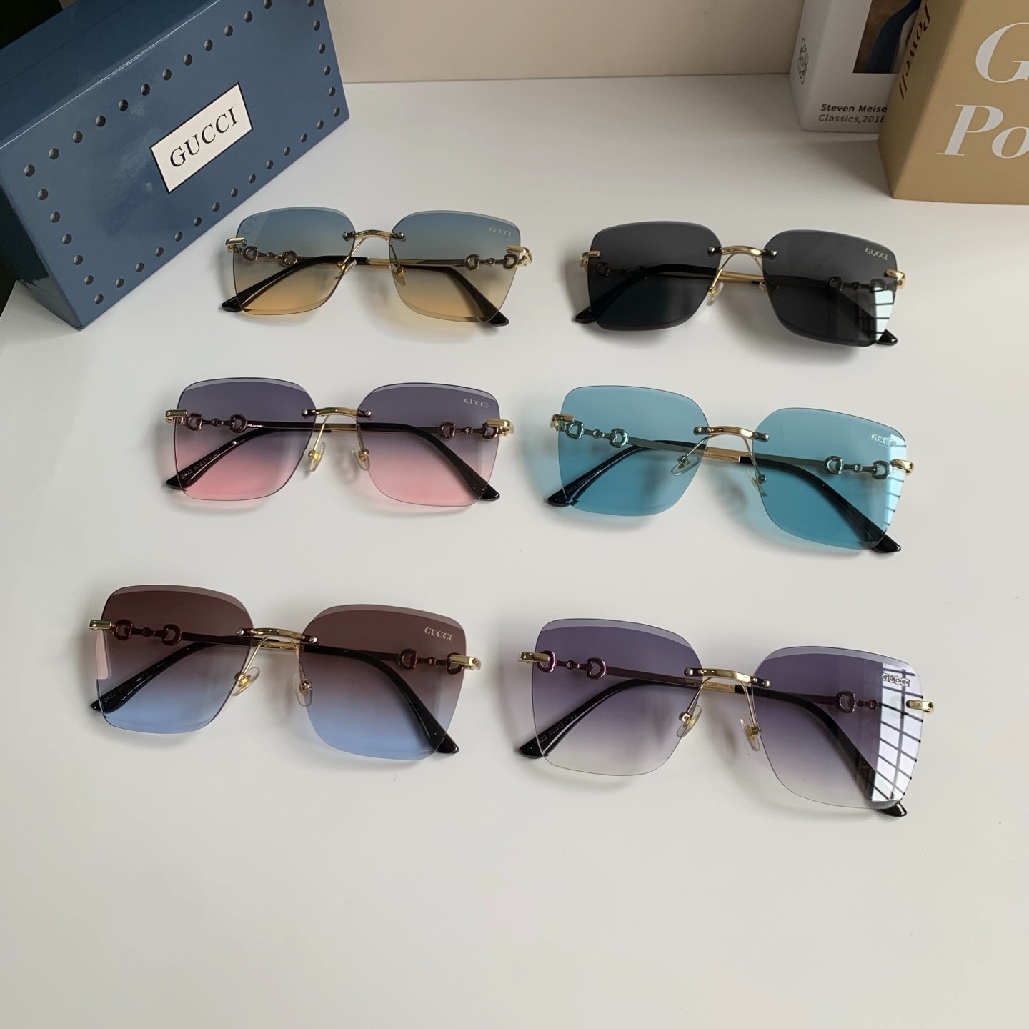 Gucci GG1278S Rimless Square Sunglasses Gold Horsebit Grey Gradient 55-19-140