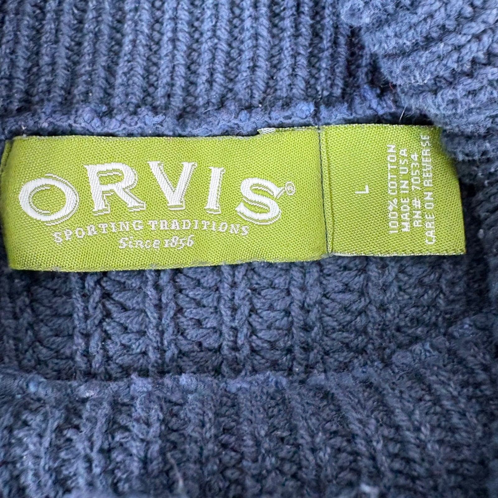 Orvis Sweater Fisherman Mens Large Blue Mock Neck Ribbed Cotton Shaker Knit