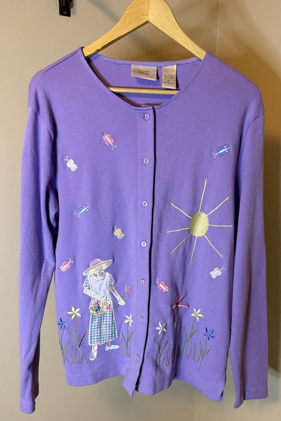 Baxter&Wells Women’s Purple Embroidered Whimsy Cottage 100% Cotton Cardigan Sz S