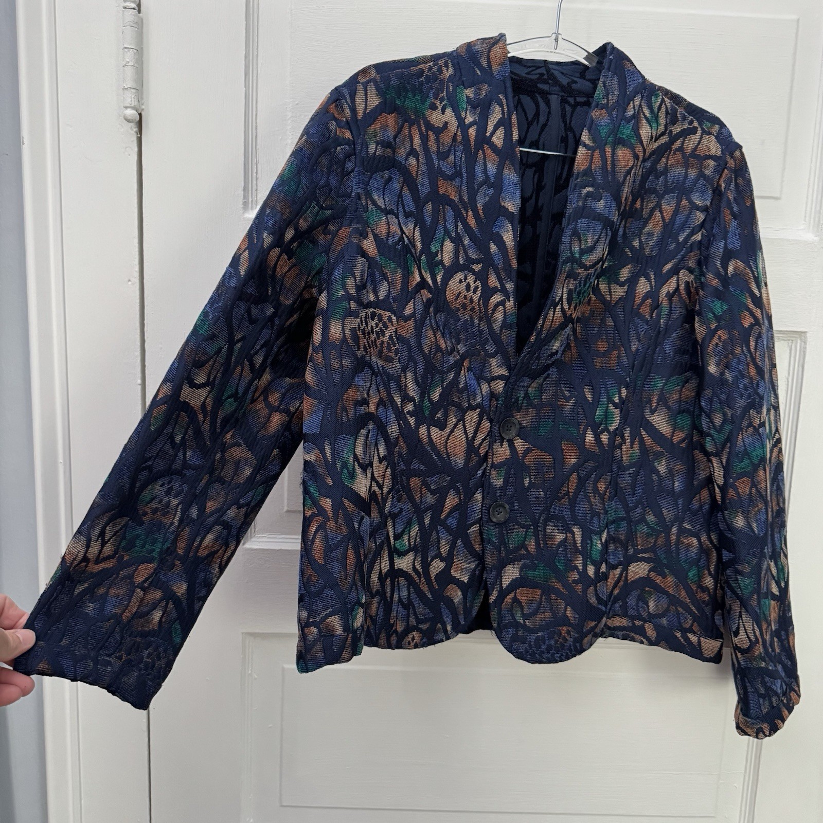 Reversible Quilted Jacket Women M Blue Abstract Button Front Artisan Blazer