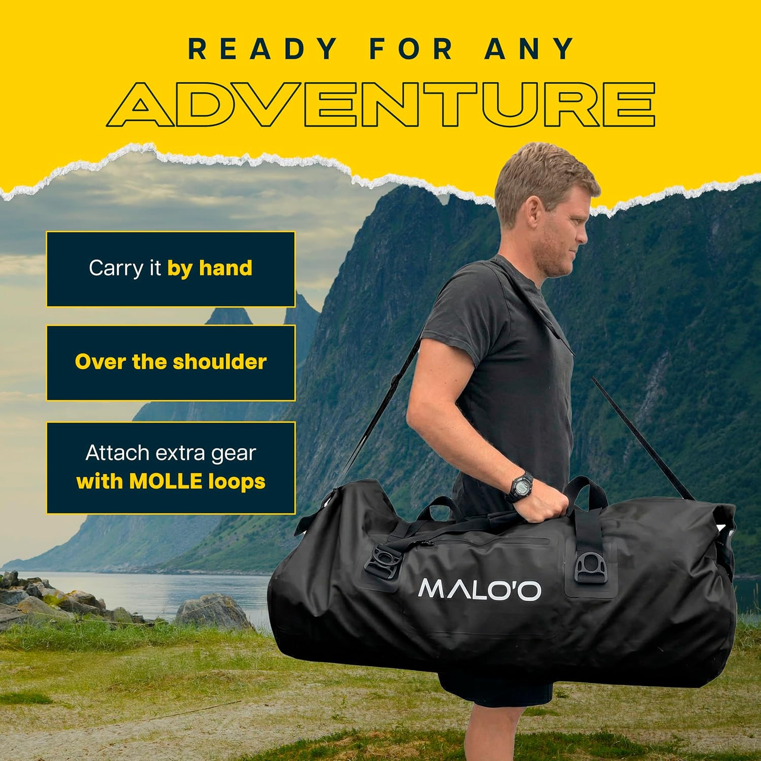 Malo’O 100L Waterproof Duffel Bag for Kayaking, Camping & Travel – Black