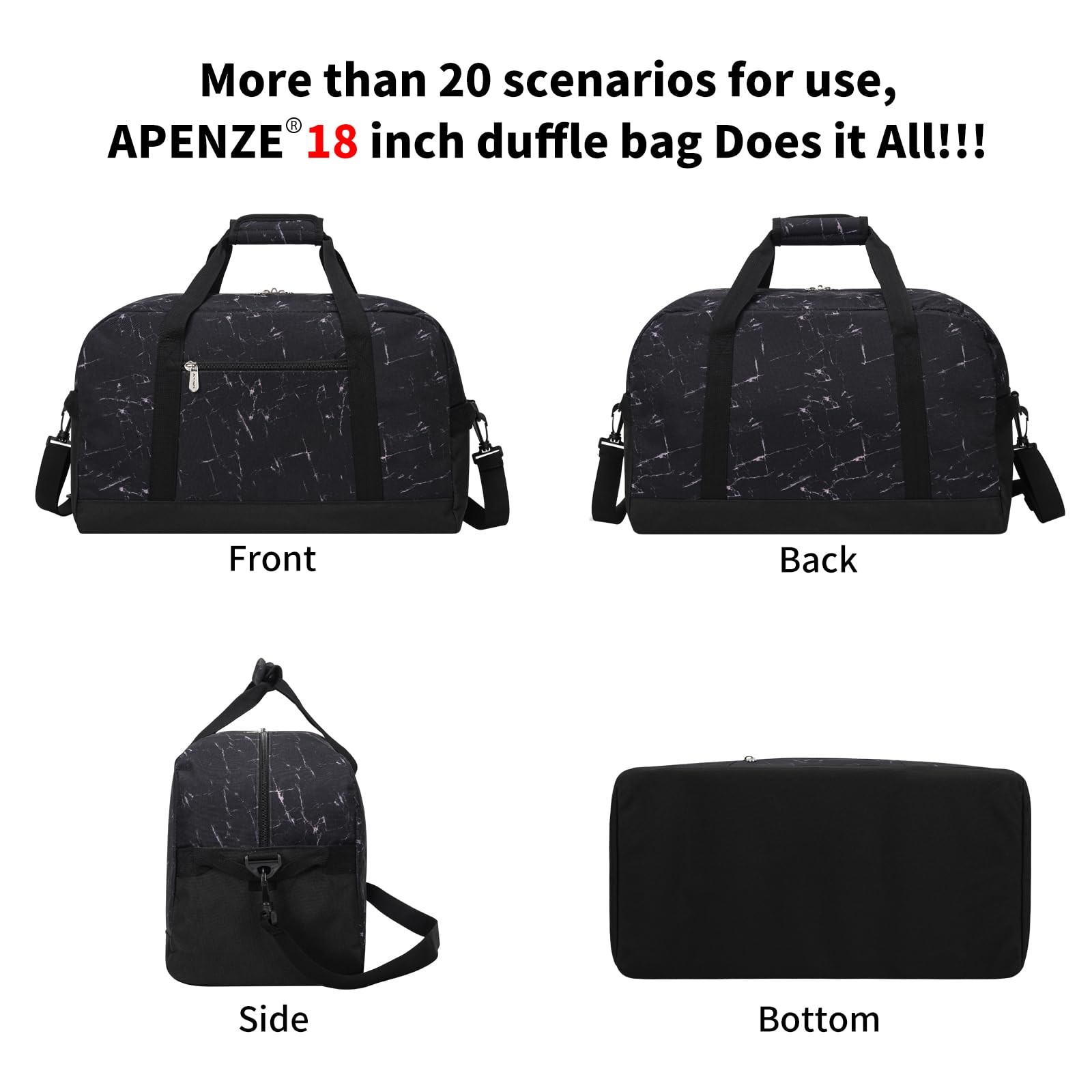 Small Gym Bag 18 inch Carry On Duffel Bag for Weekender Travel – Marble Black