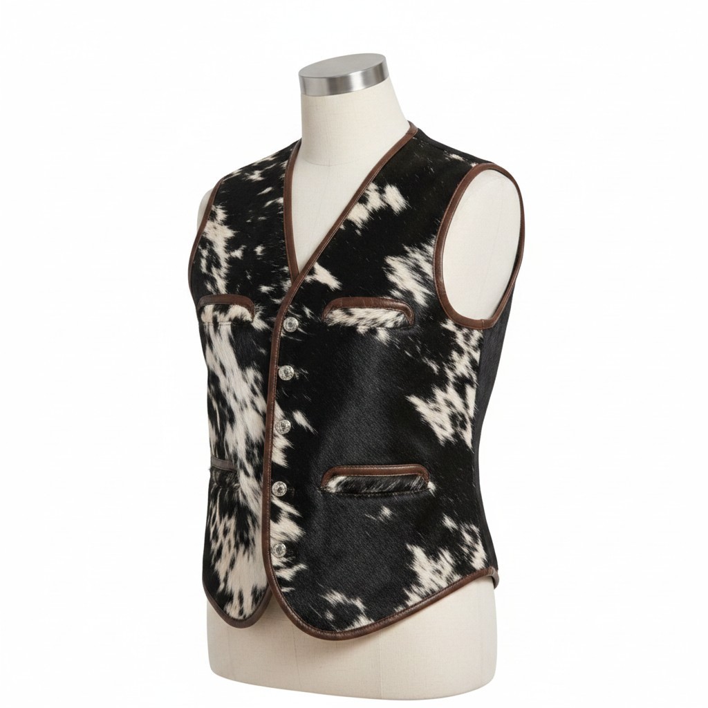 Women’s Motorcycle Cowhide Vest Real Hair-On Leather Waistcoat USA Cowgirl Black