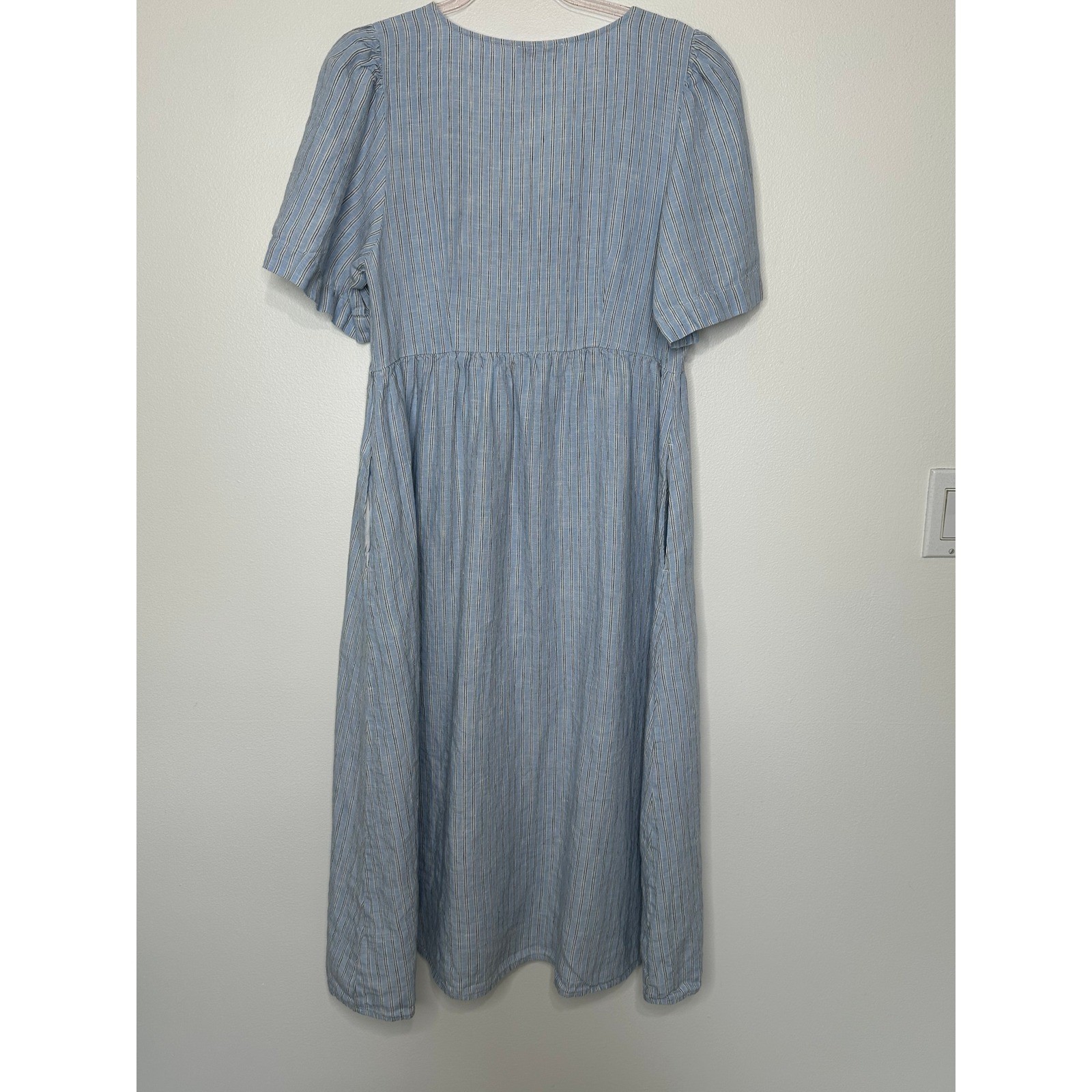Madewell Cassie Striped Linen Button Front Midi Dress Size L Blue WhitePockets