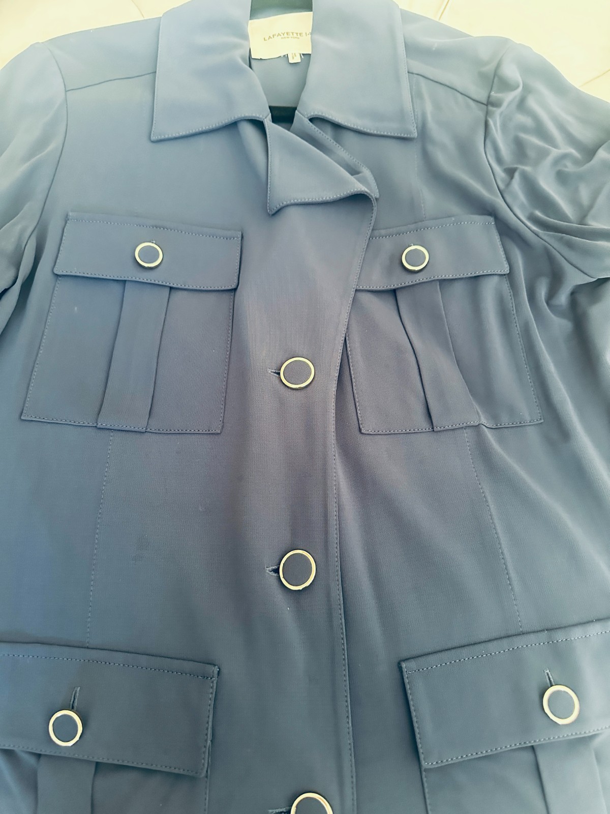 Lafayette 148 NY Navy Casual Button Up Topper Jacket Safari Style, Size Large