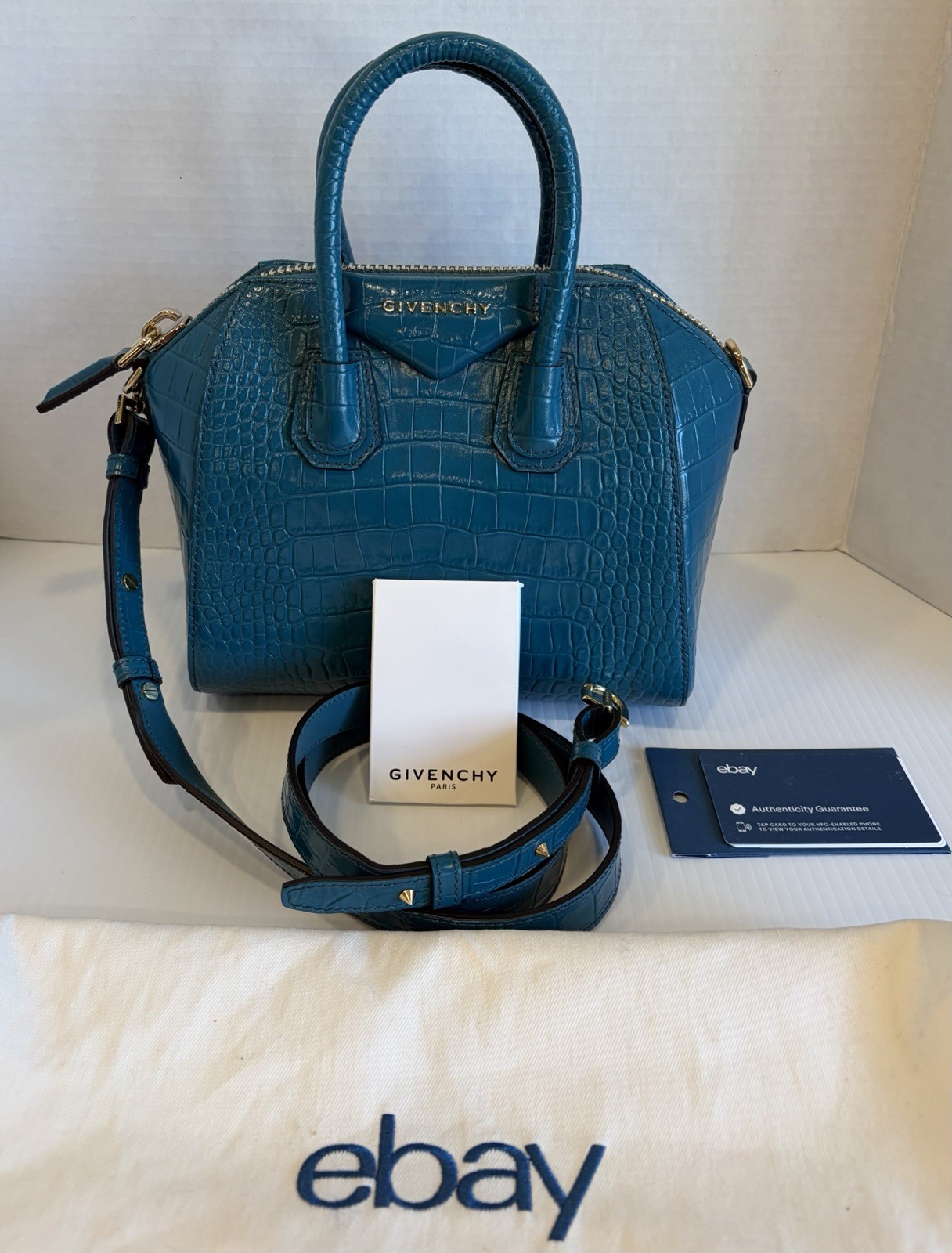 Pre Owned Givenchy Mini Antigona Croc Embossed Teal Leather Handbag EUC