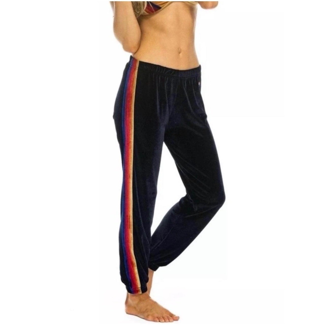 Aviator Nation Black Velvet Rainbow 5 Stripe Jogger Sweatpants Womens XS