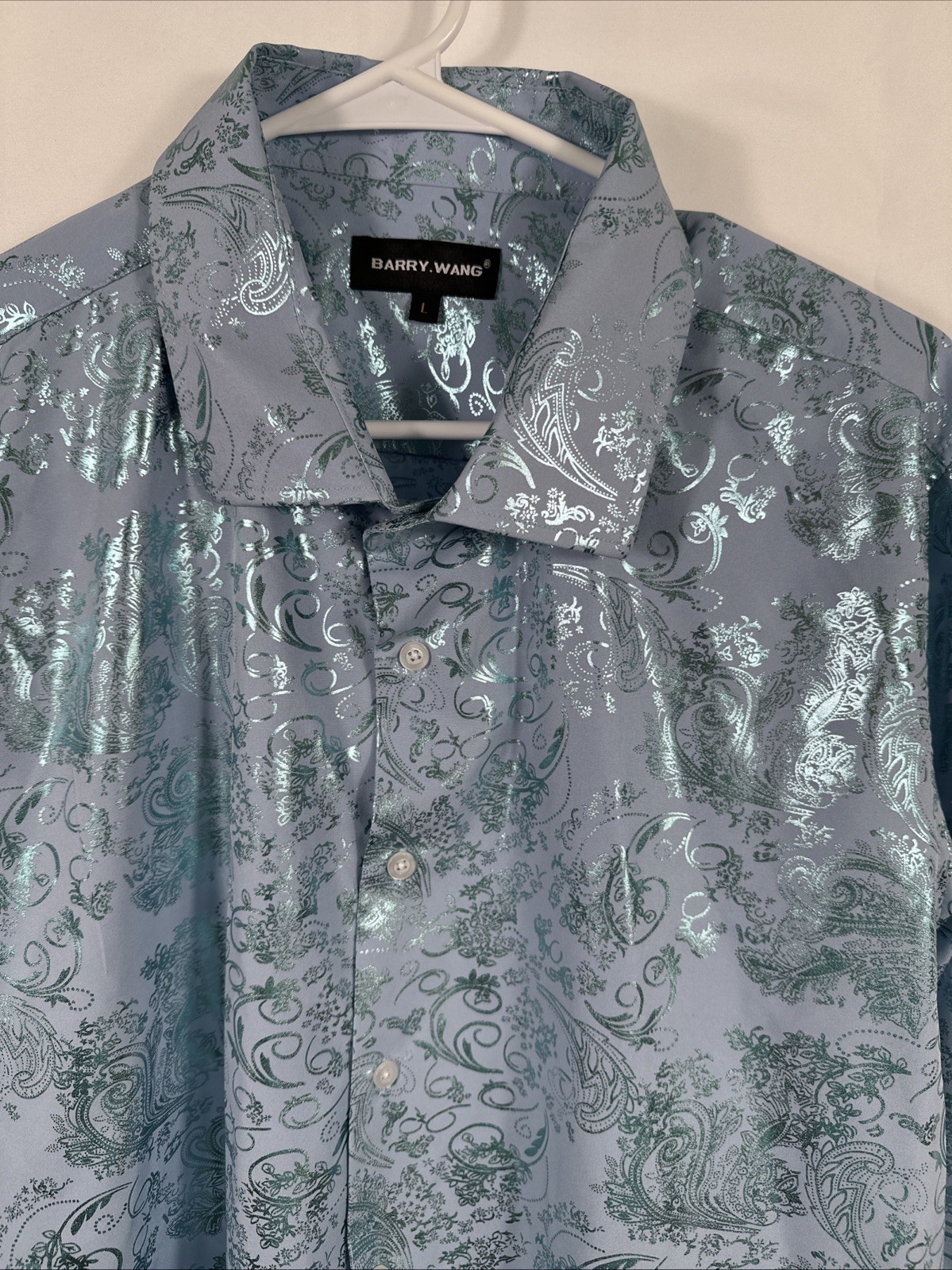 Barry Wang Men’s Large Paisley Shirt Long Sleeve Shiny Blue Button Up Silky