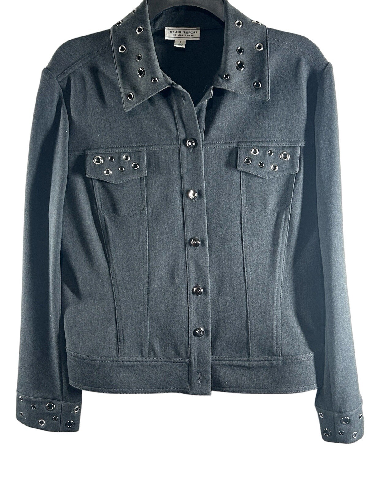 St John Sport Blazer Jacket By Marie Gray Charcoal Gray With Grommets Size Sm