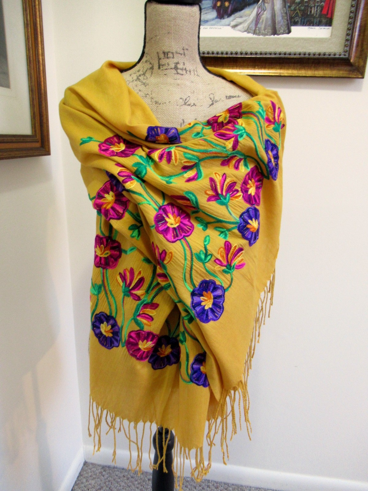 MEXICAN EMBROIDERED SOFT FRINGED SHAWL REBOZO WRAP 76 X 28 – MADE in MEXICO