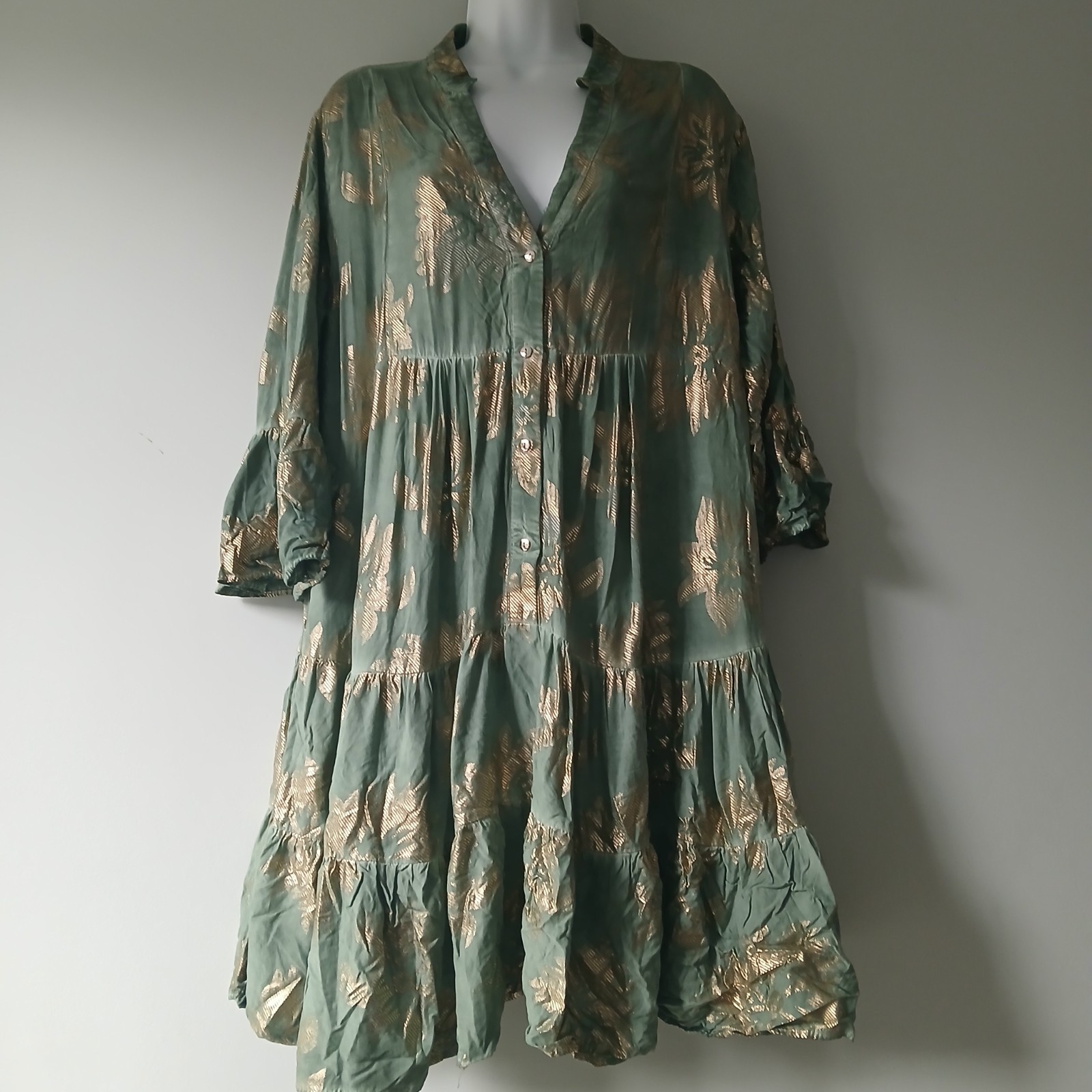 Jolie Moi Metallic Tiered Mint Green Floral Dress Boho Festival Whimsy Bell L