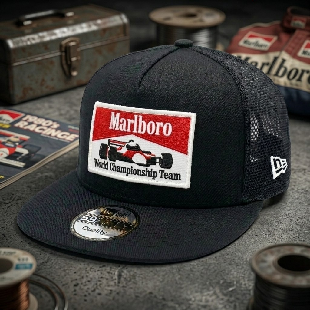 Marlboro Racing World Championship Team Patch Trucker Hat Mesh Cap Black