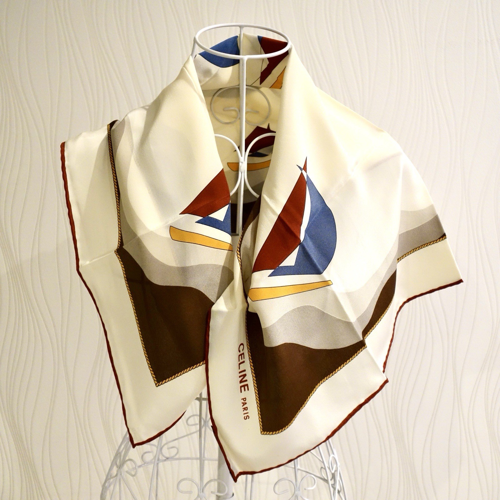 Vintage CELINE PARIS Nautical Sailboat 100% Silk Scarf 76cm Made in Italy 70s
