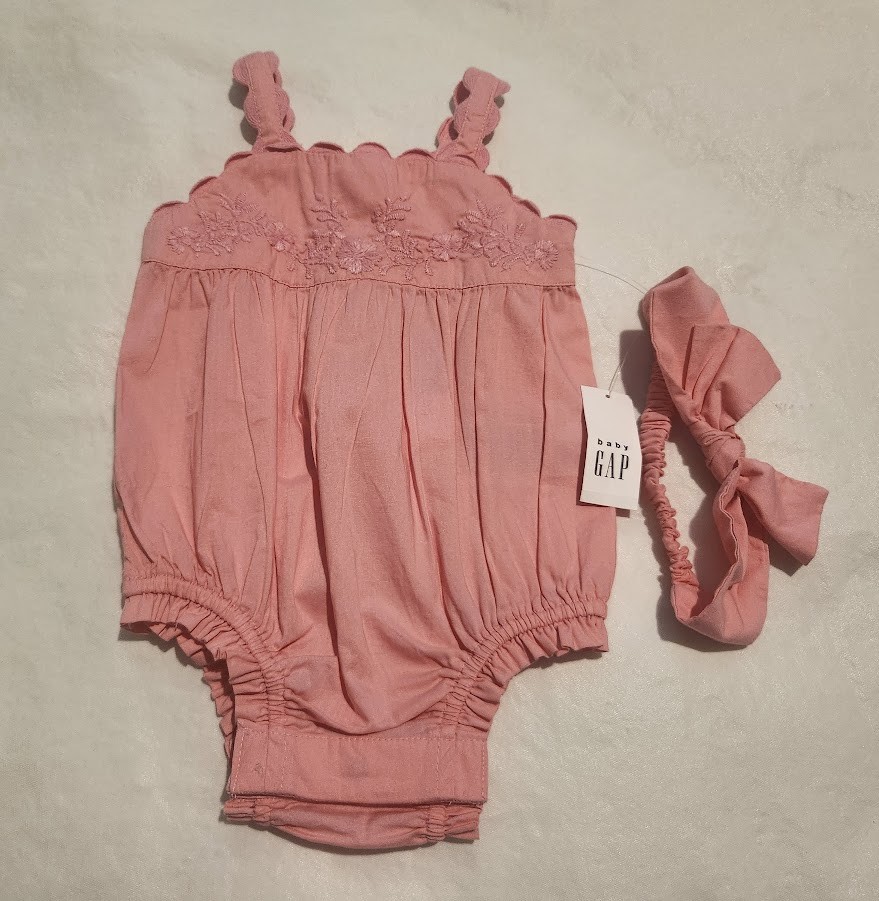 NWT Baby Gap Girls Pink Embroidered Bubble Romper Headband Outfit Two Piece Set