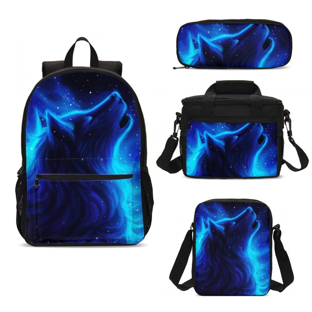 Cool Blue Wolf Kids School Backpacks Insulated Lunch Bag Pencil Case Value Lot