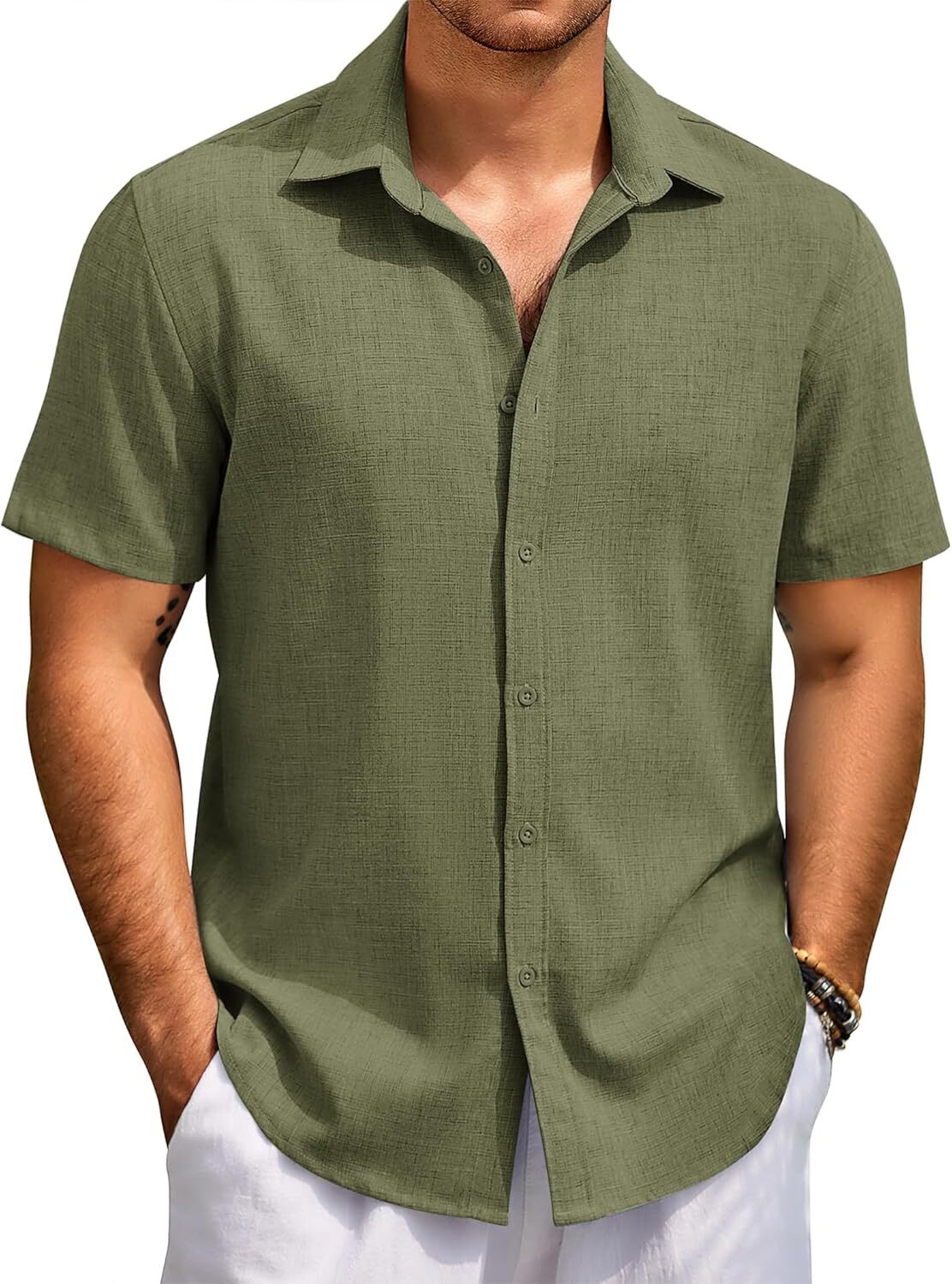 Men’s Beach Summer Shirts Linen Texture Shirts Short Sleeve Button Down Shirt