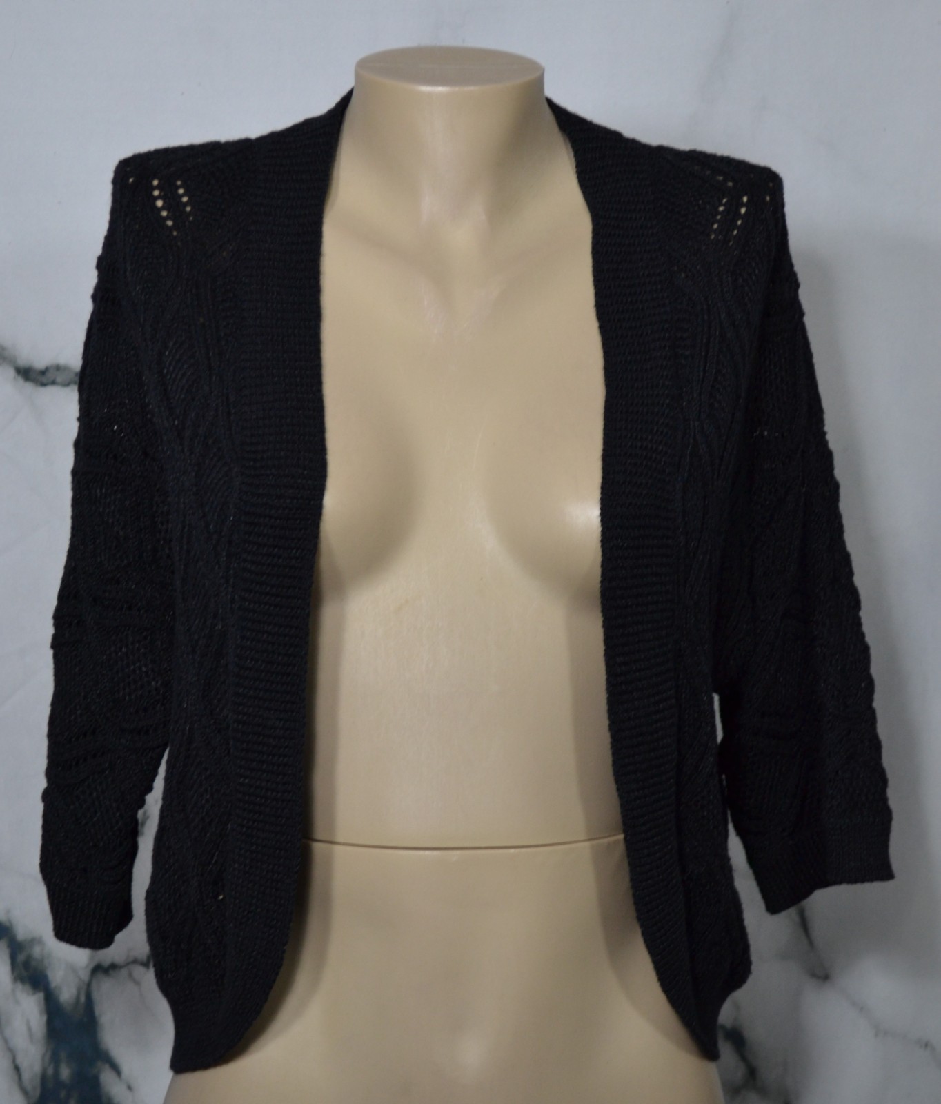 ALFANI PETITE Black Open Cardigan Sweater Large 3/4 Sleeves Open Weave Cotton Bl