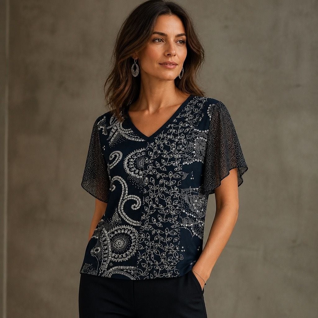Bila Woman’s Black Navy Blue Sequin Embellished Paisley Floral V-Neck Top